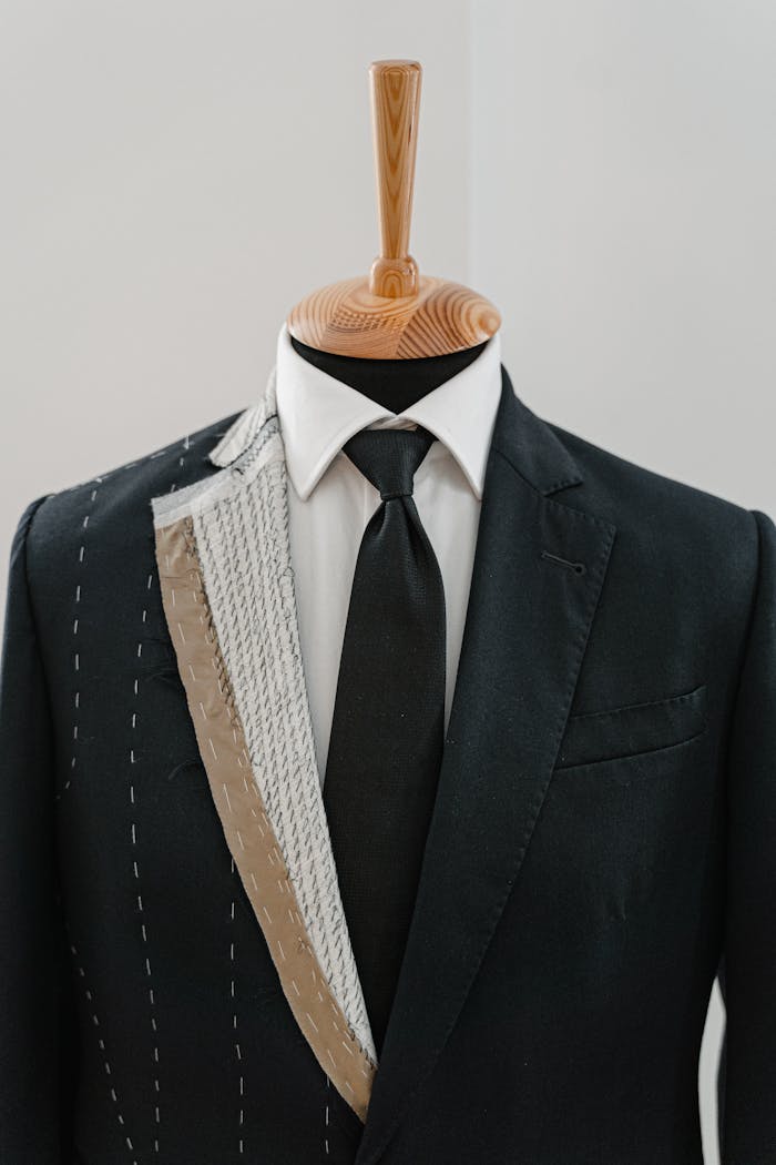 Black suit on a mannequin showcasing tailoring precision and design.